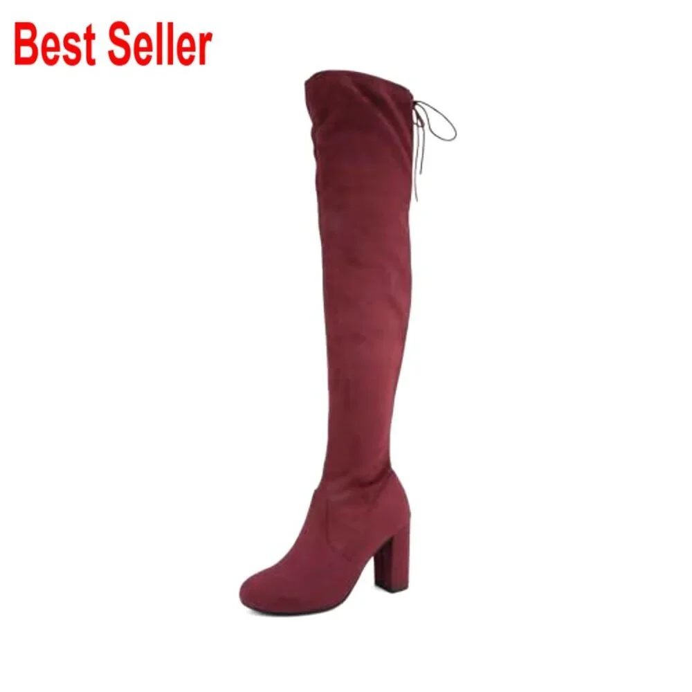 Round Toe Over the Knee Boots with Drawstring Closure, Imitation Suede